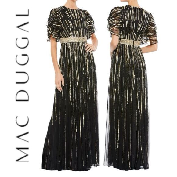 MAC DUGGAL Women’s Embellished Full Length Layered Sleeves Gown in the Size 12 - Picture 1 of 10